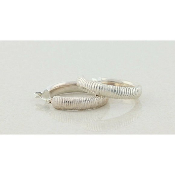 Sterling Silver Ribbed Hollow Design Earrings Hoop Earrings  One Inch - Picture 5 of 8